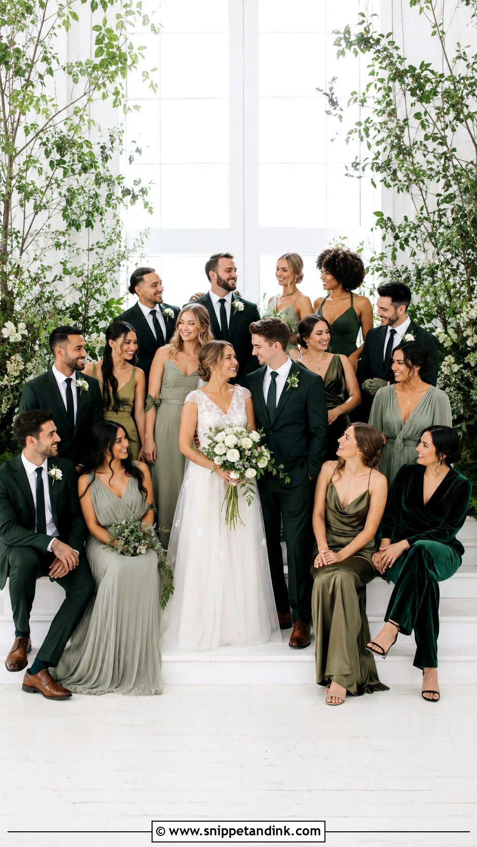 Tonal Green Wedding Party With Mixed Fabrics - Snippet and Ink - 20 Green Wedding Party Attire Ideas