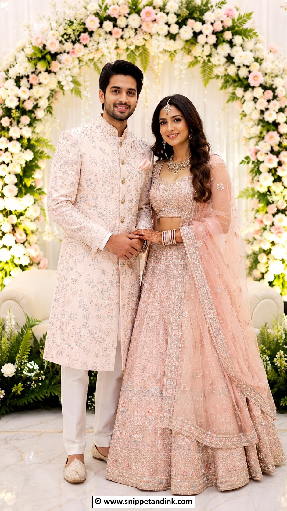 Traditional Couple Floral Backdrop Pose - Snippet and Ink - 25 Couple Poses in Traditional Wear Ideas