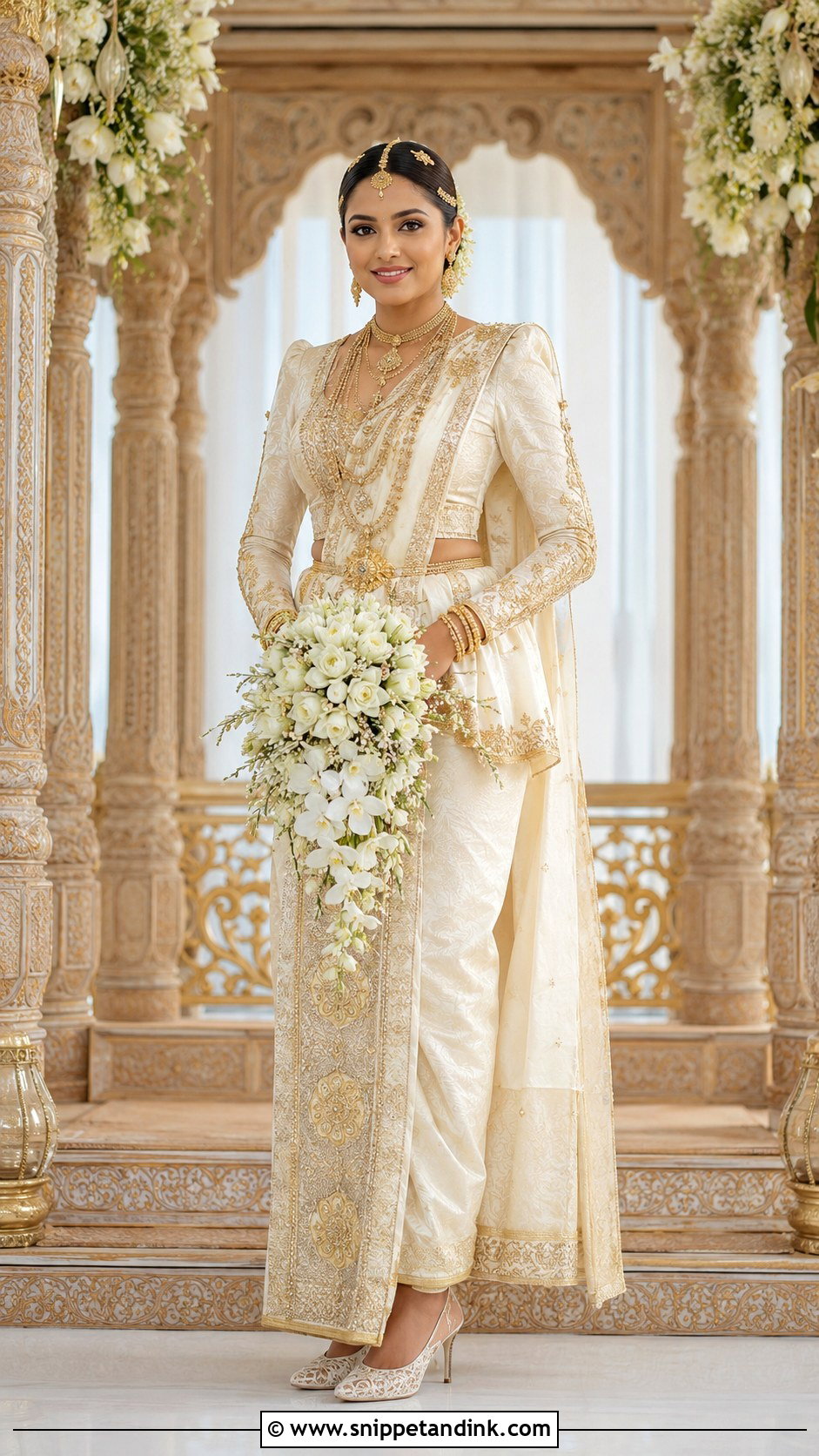 Traditional Ivory Kandyan Bride With Gold Jewelry - Snippet and Ink - 20 Kandian Bride Ideas