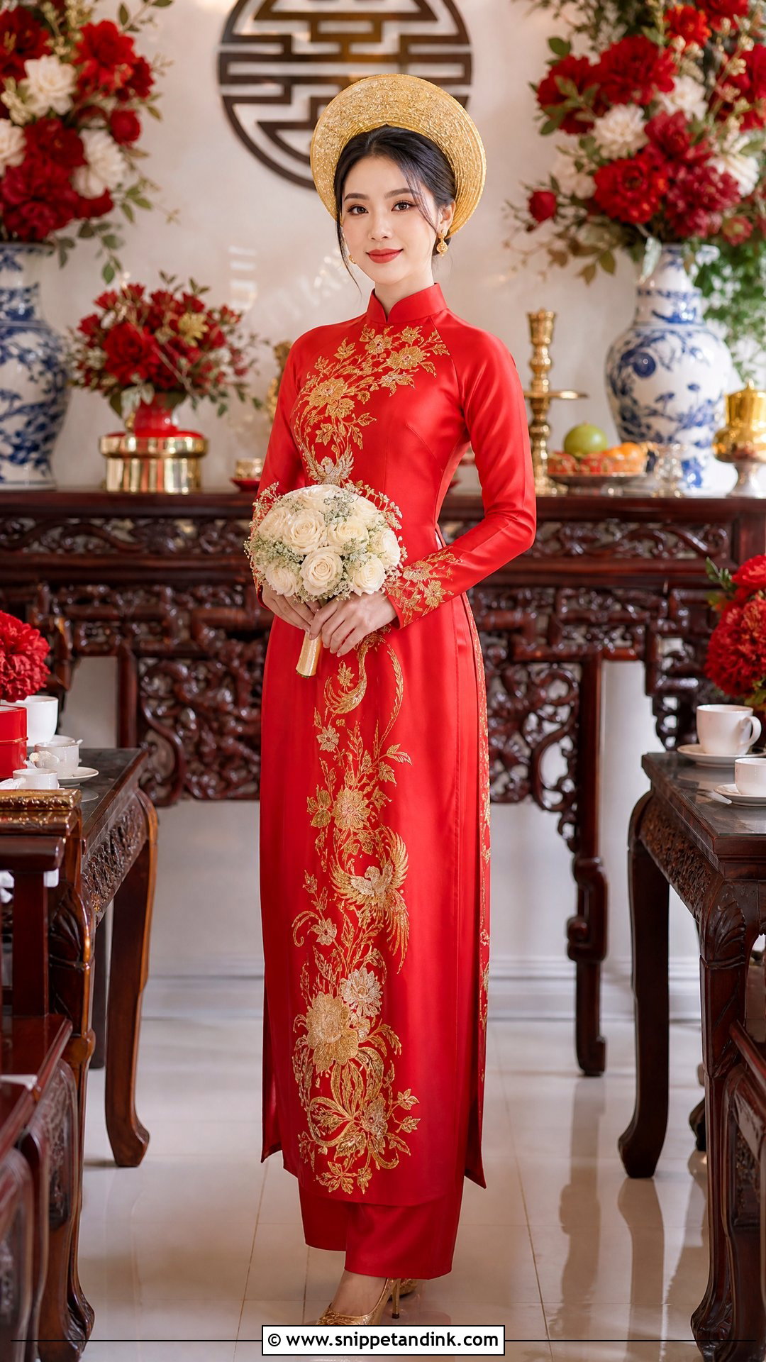 Traditional Red Ao Dai With Gold Khan Dong - Snippet and Ink - 20 Red Ao Dai Wedding Ideas