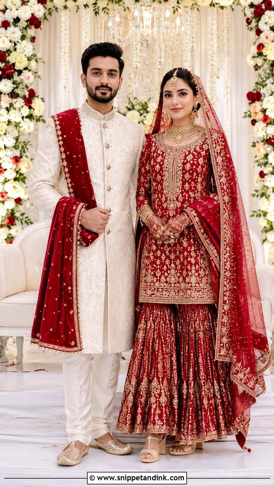 Traditional Red Nikkah Couple Outfit - Snippet and Ink - 25 Nikkah Couple Outfit Ideas