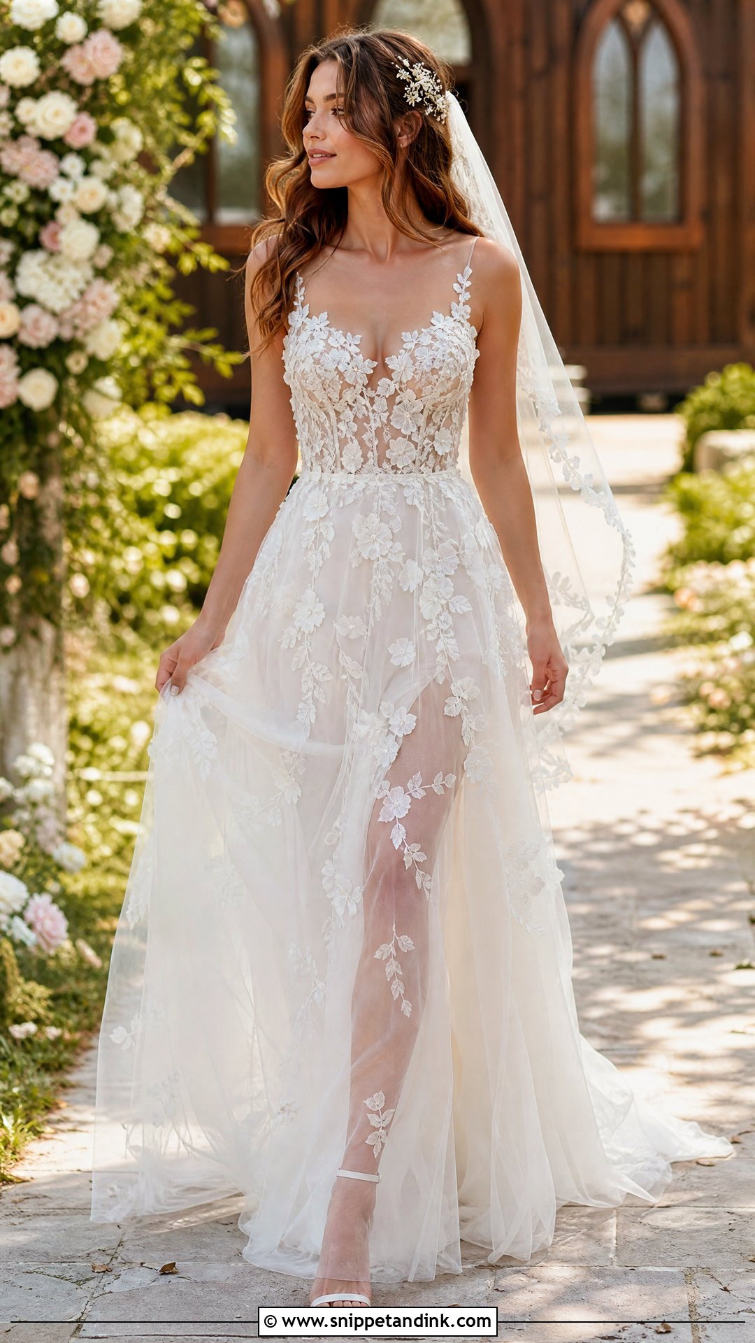 Transparent A Line Wedding Dress With Floral Appliques - Snippet and Ink - 20 Transparent Wedding Dress Ideas