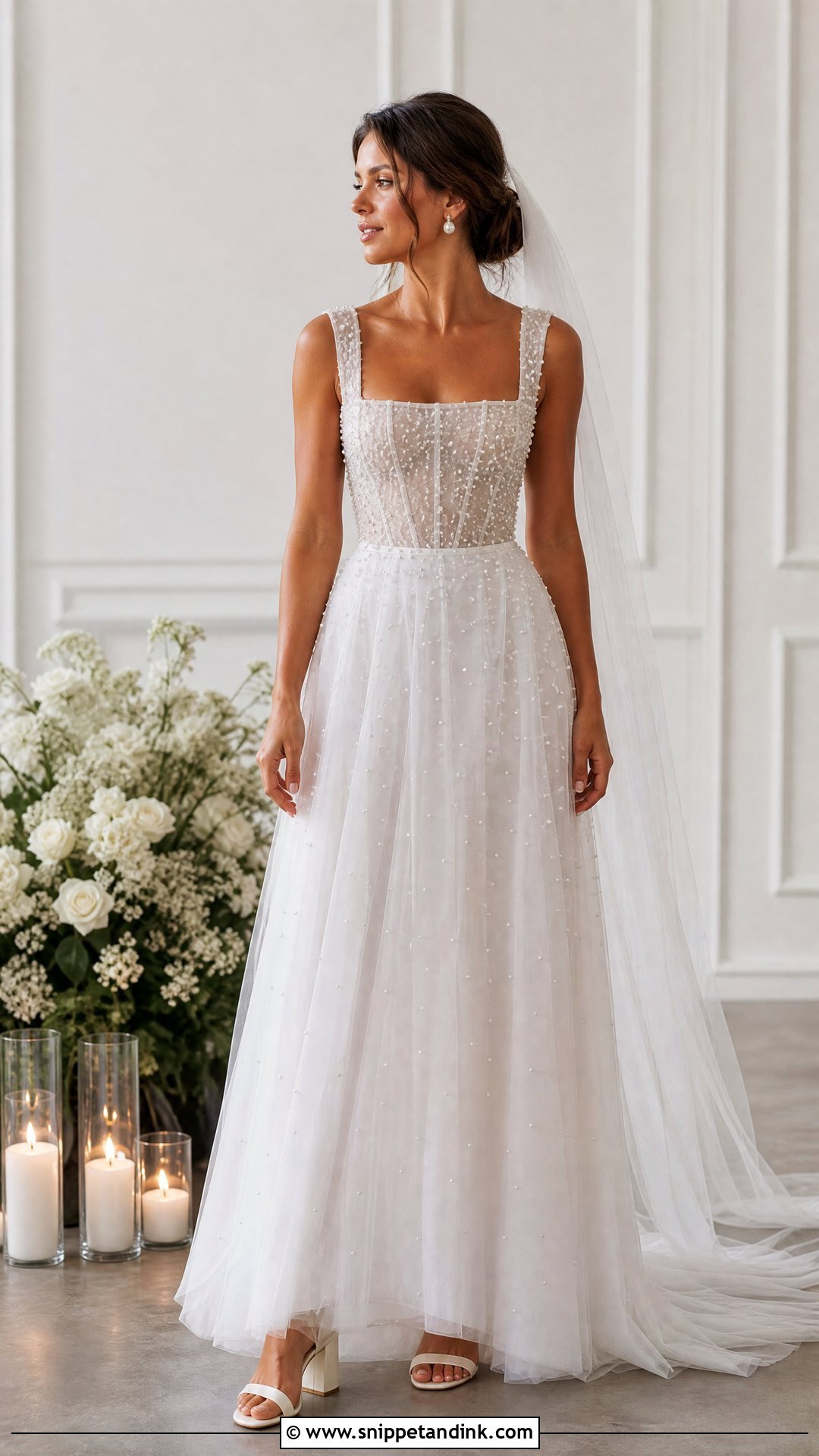 Transparent Square Neck Wedding Dress With Pearl Details - Snippet and Ink - 20 Transparent Wedding Dress Ideas