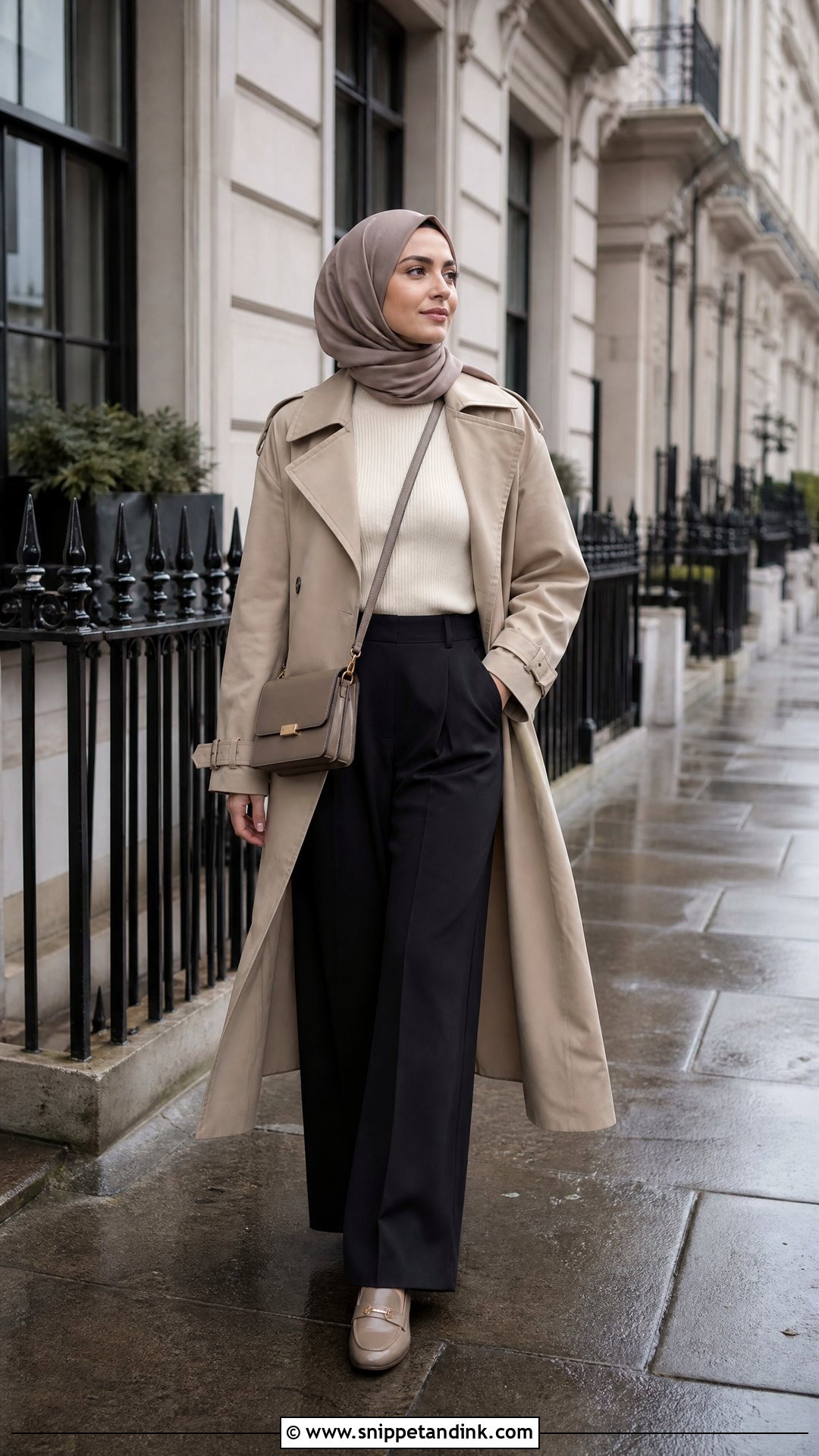Trench Coat And Wide Leg Pants Hijabi Honeymoon Outfit - Snippet and Ink - 20 Hijabi Honeymoon Outfits