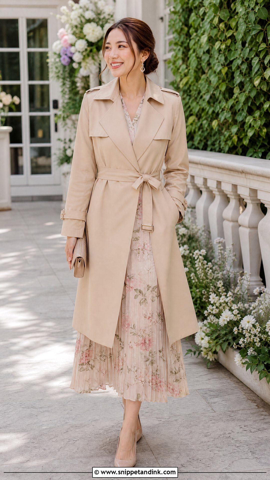 Trench Wedding Coat With Pleated Dress - Snippet and Ink - 25 Wedding Coat Ideas