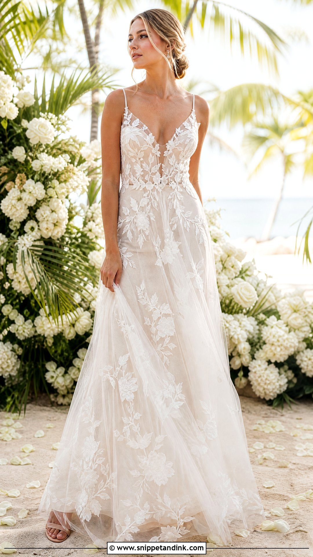 Tropical Wedding Dress With Sheer Overlay - Snippet and Ink - 25 Tropical Wedding Dress Ideas