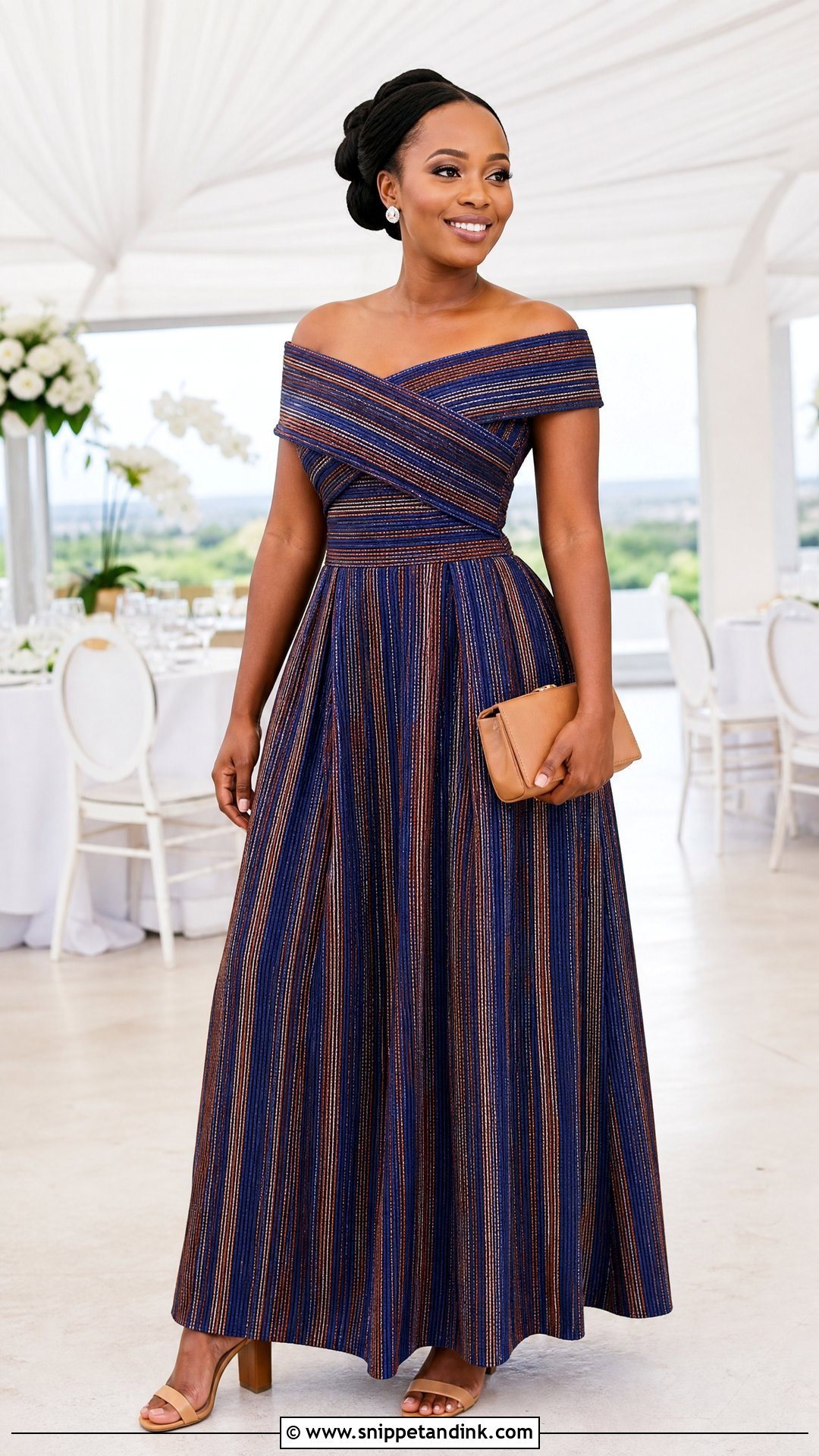 Tshivenda Off Shoulder Maxi Dress Outfit - Snippet and Ink - 20 Tshivenda Traditional Attire Ideas