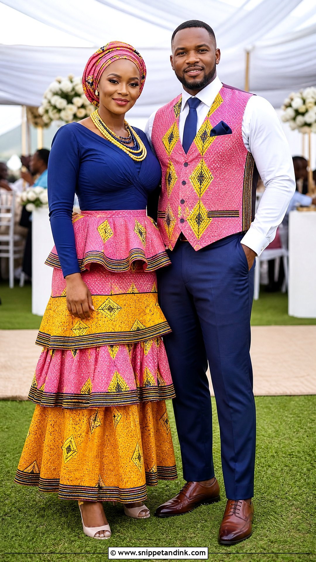 Tsonga Xibelani And Printed Waistcoat Attire - Snippet and Ink - 20 Tsonga Traditional Attire for Couples Ideas