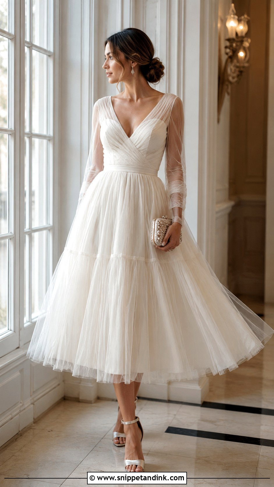 Tulle A Line Midi Wedding Dress With Sheer Sleeves - Snippet and Ink - 20 Midi Wedding Dress with Sleeves