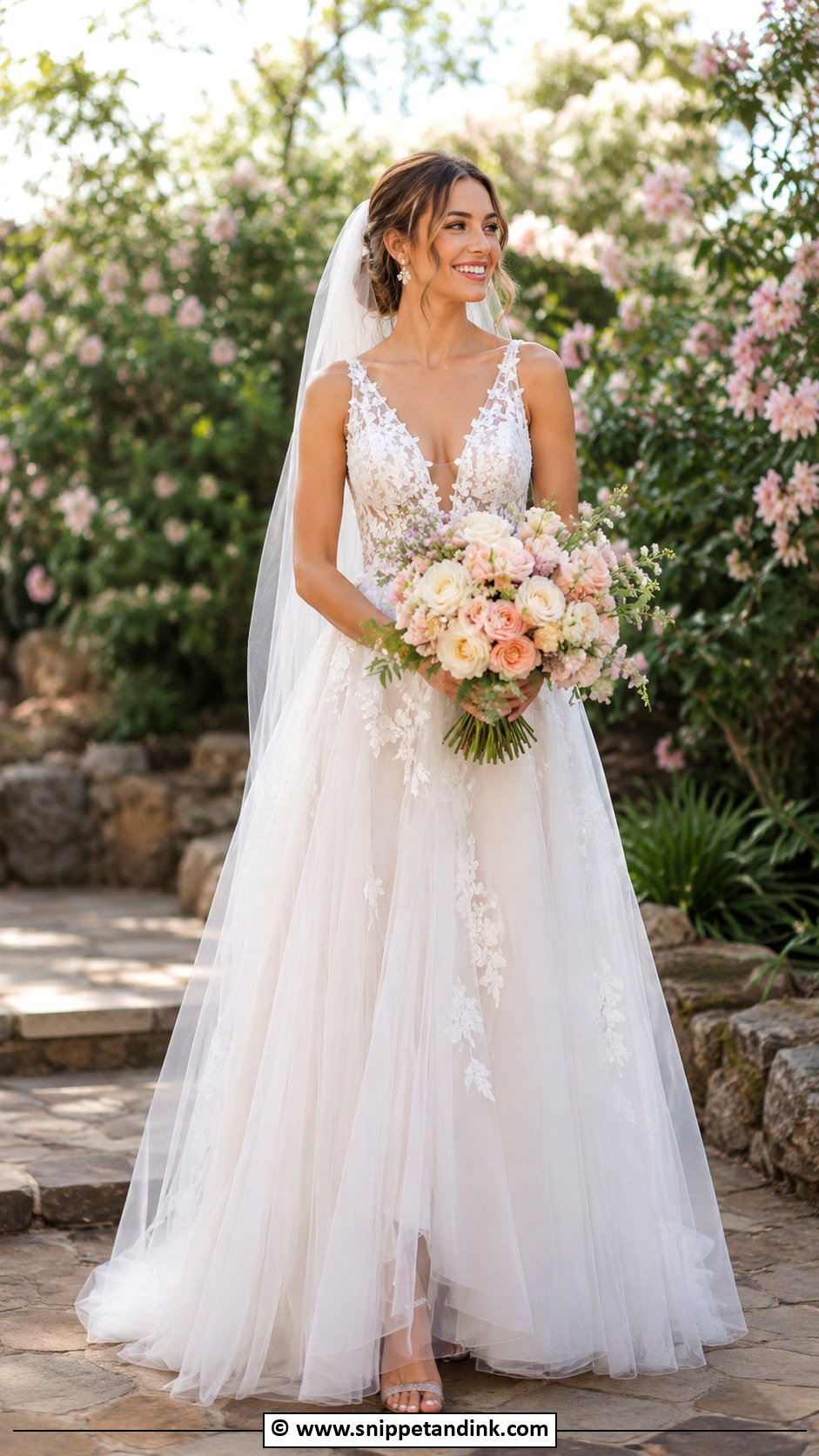 Tulle A Line Wedding Dress With Floral Appliques - Snippet and Ink - 30 Aline Wedding Dress Ideas