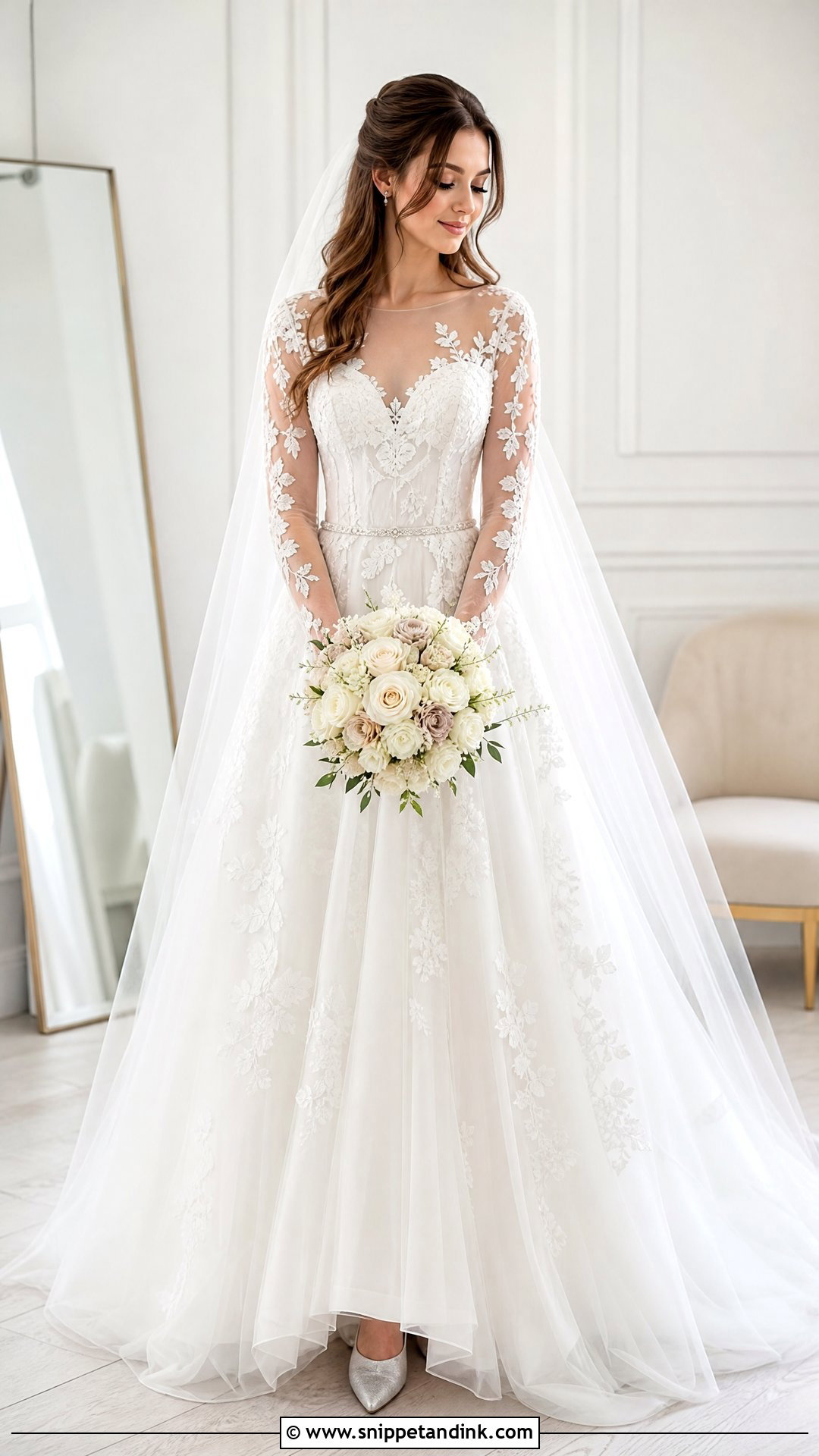 Tulle A Line Wedding Dress With Illusion Sleeves - Snippet and Ink - 25 Aline Wedding Dress with Sleeves