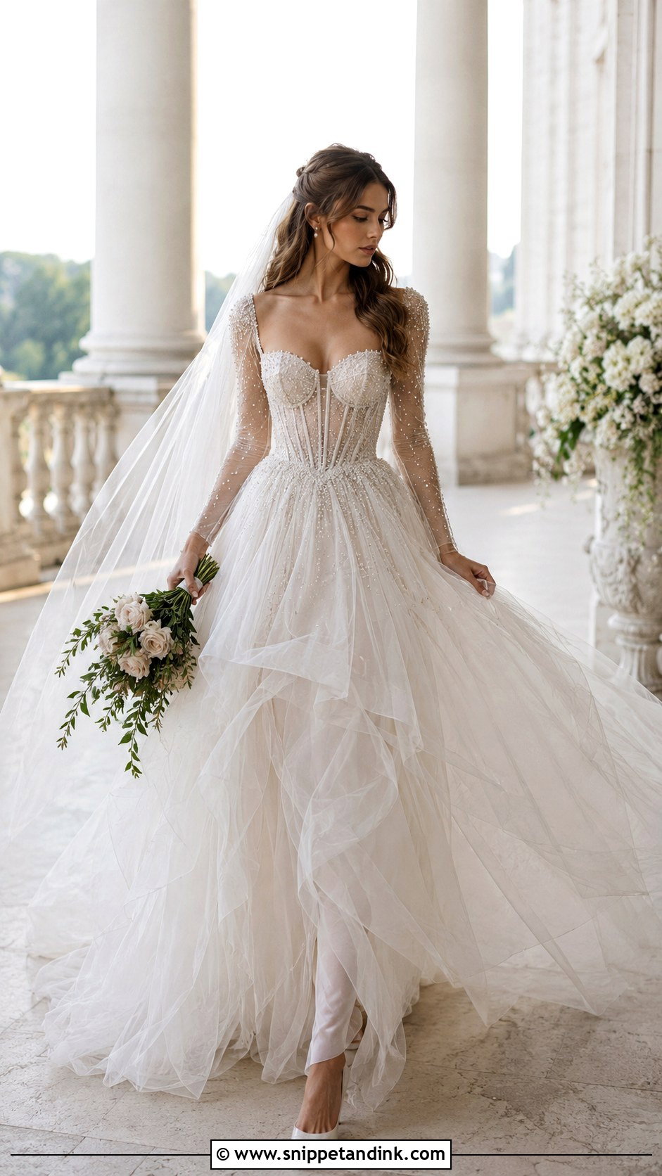 Tulle Ball Gown Long Sleeve Basque Waist Wedding Dress - Snippet and Ink - 20 Long Sleeve Basque Waist Wedding Dress Ideas