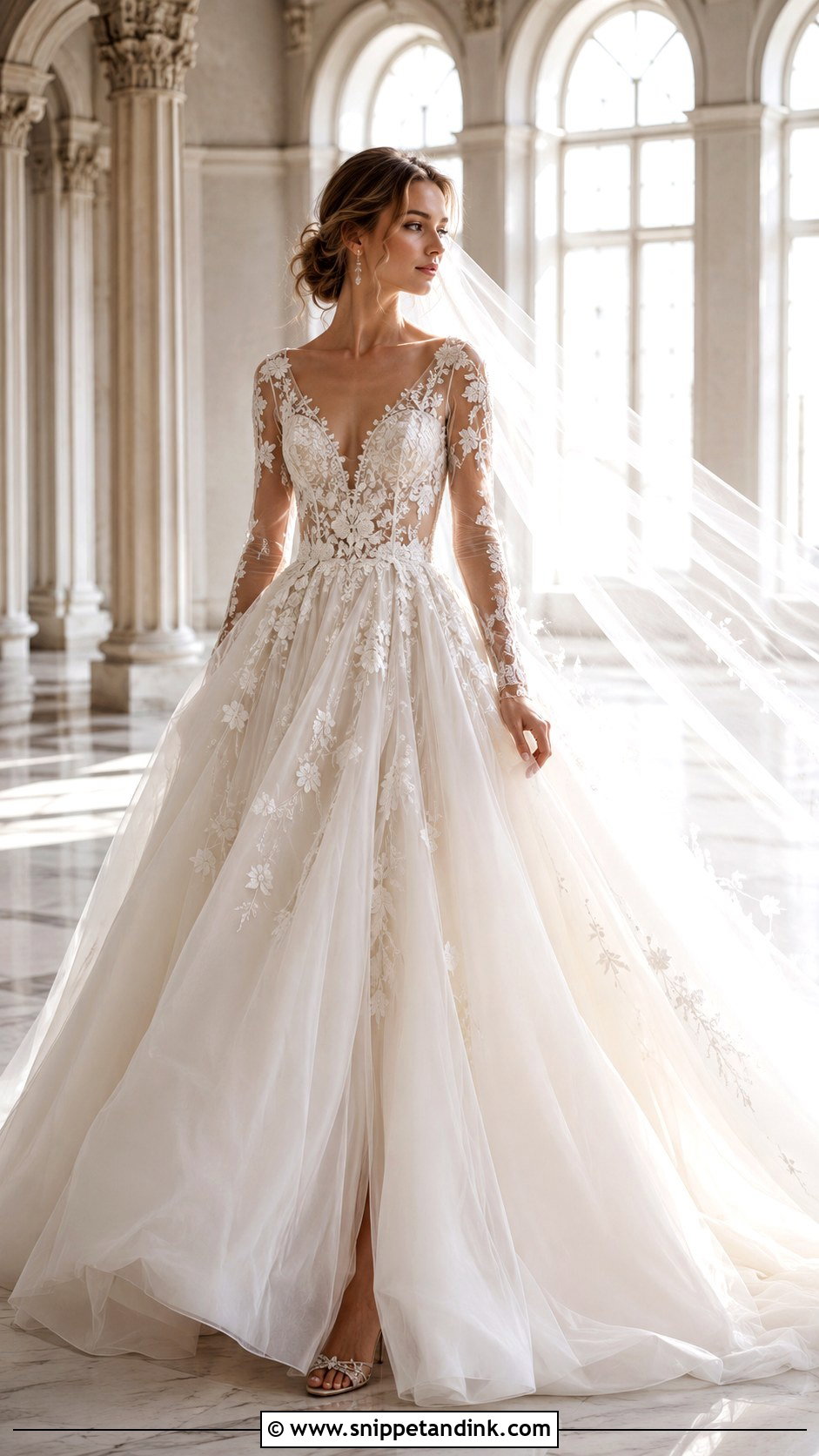 Tulle Ball Gown Long Sleeve V Neck Wedding Dress - Snippet and Ink - 20 Long Sleeve V Neck Wedding Dress Ideas