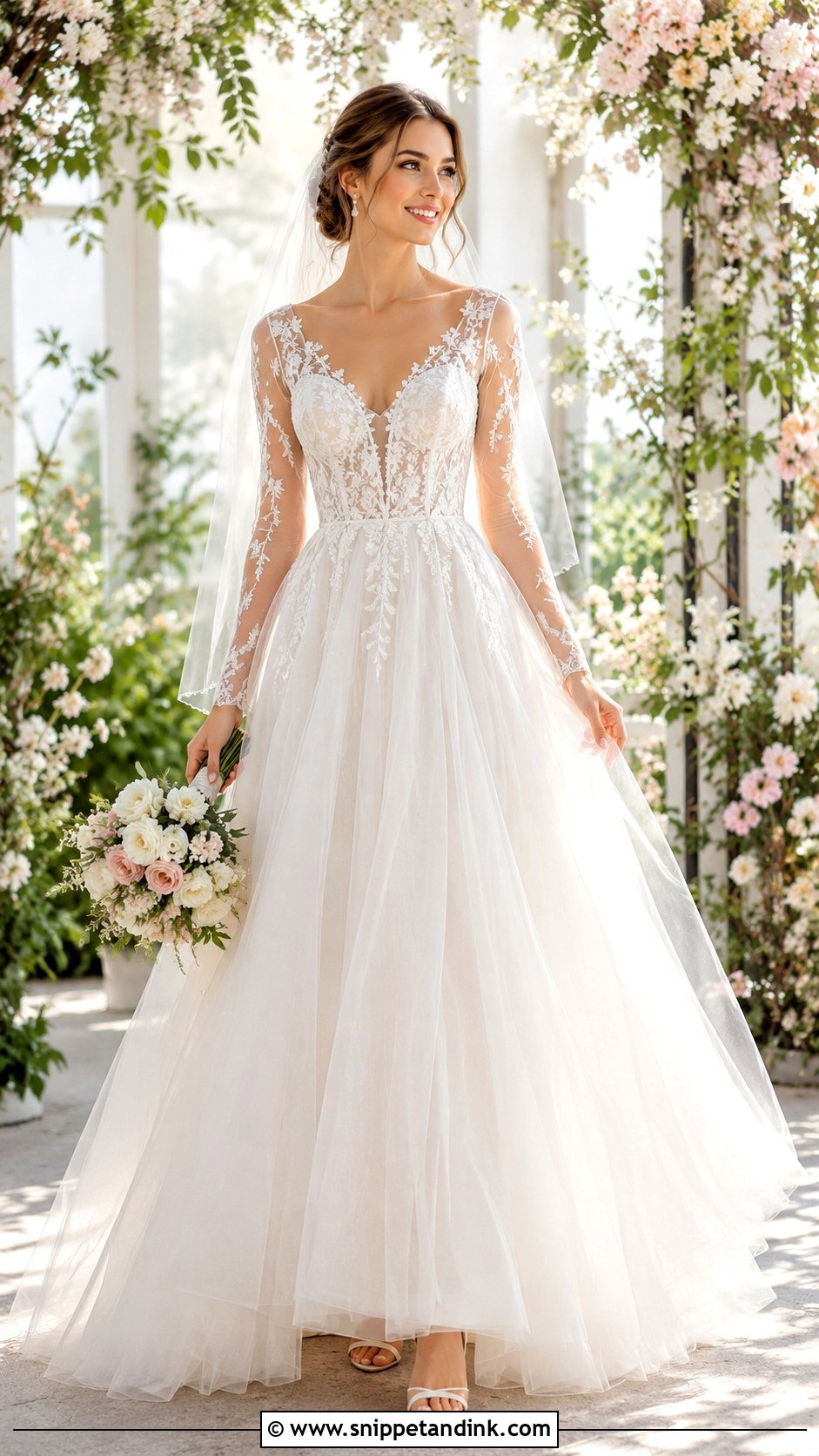 Tulle Ball Gown Wedding Dress With Sheer Sleeves - Snippet and Ink - 25 Ball Gown Wedding Dress with Sleeves