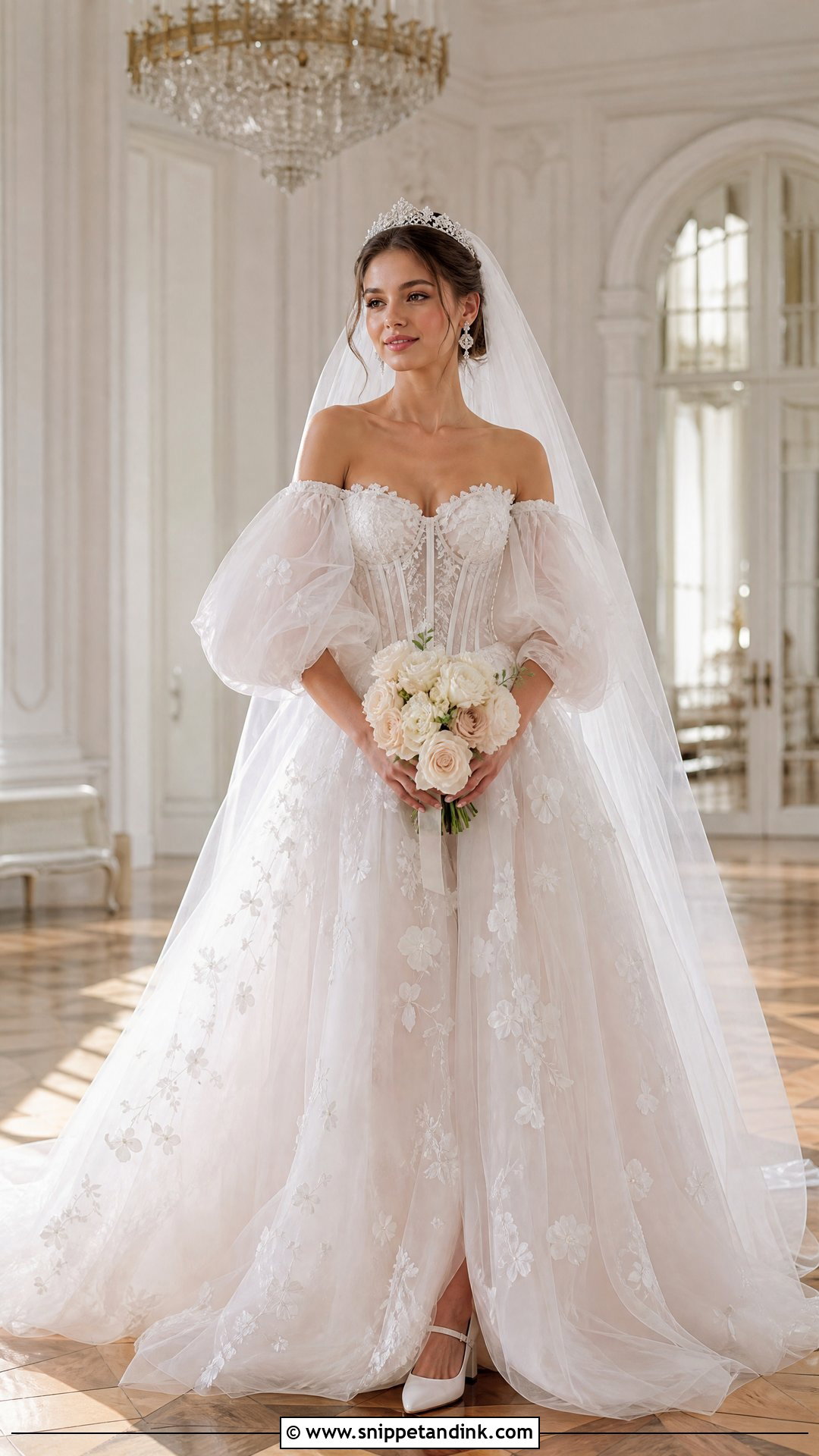Tulle Ball Gown With Puff Off Shoulder Sleeves - Snippet and Ink - 20 Wedding Dress Off Shoulder Sleeves