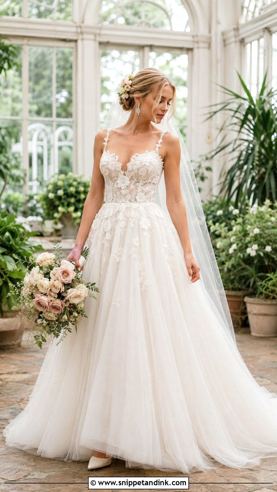 Tulle Basque Waist Ball Gown With Floral Headpiece - Snippet and Ink - 20 Low Waist Wedding Dresses