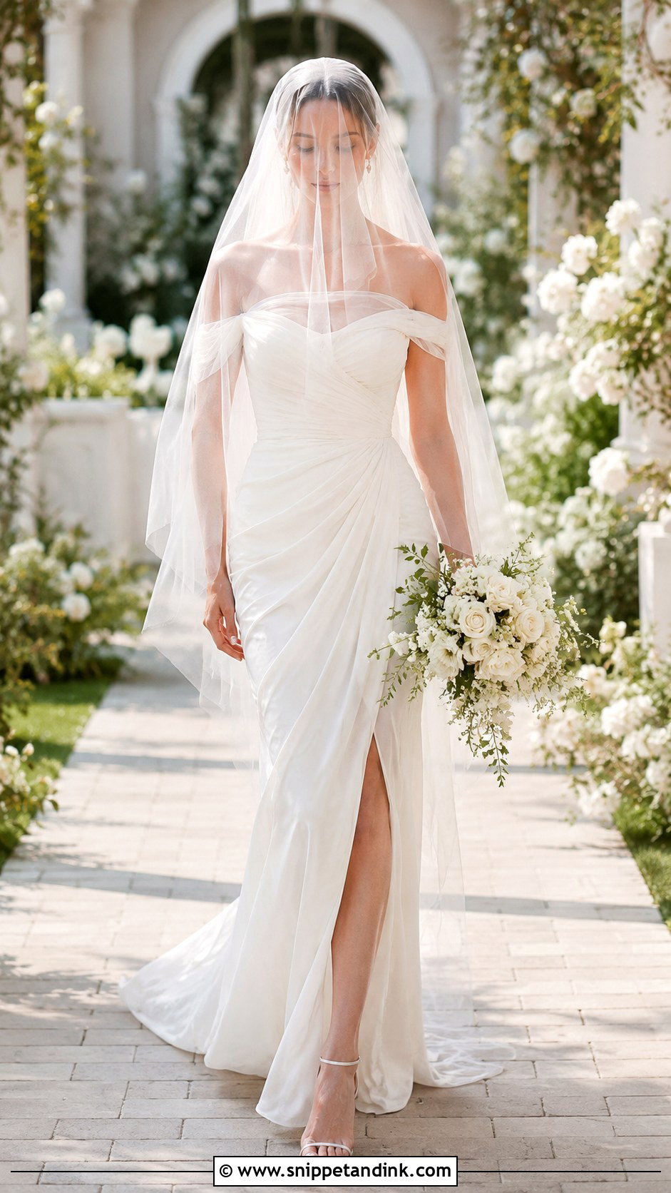 Tulle Blusher Veil With Off Shoulder Dress - Snippet and Ink - 25 Veil Covering Face Ideas