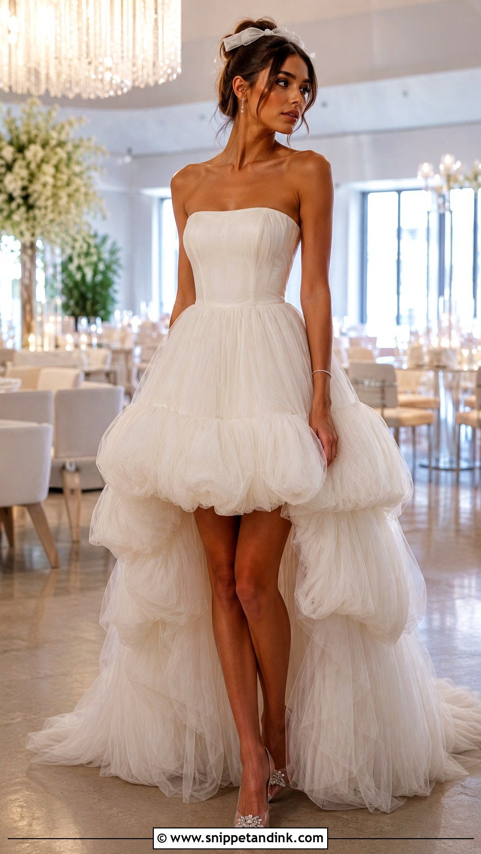 Tulle Bubble Hem Hi Low Wedding Dress With Crystal Pumps - Snippet and Ink - 20 Hi Low Wedding Dress Ideas