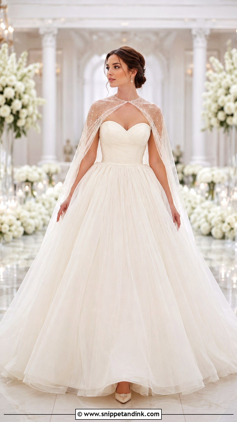 Tulle Capelet With Ball Gown Wedding Dress - Snippet and Ink - 25 Wedding Dress Coverup Ideas