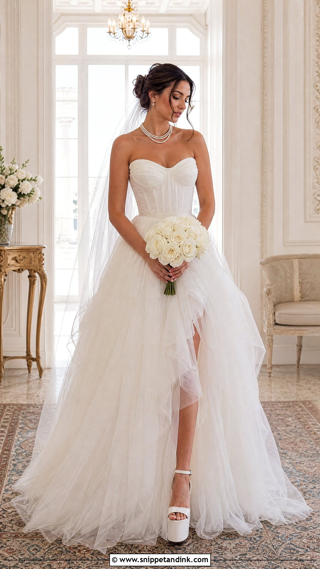 Tulle Corset Wedding Dress With Layered Pearl Necklace - Snippet and Ink - 20 Wedding Dress with Pearl Necklace Ideas