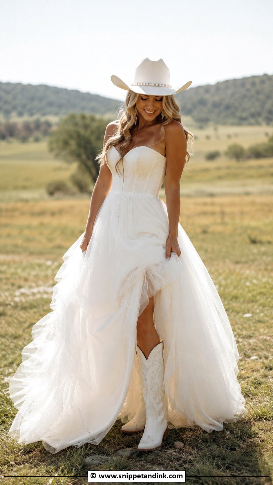 Tulle Cowgirl Wedding Dress With Cowboy Hat - Snippet and Ink - 30 Cowgirl Wedding Dress Ideas