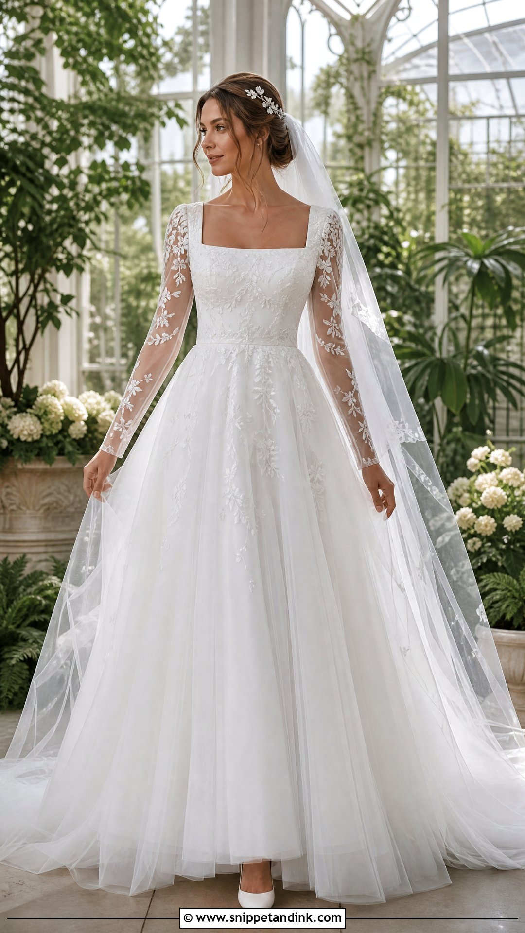 Tulle Illusion Sleeve Square Neck Wedding Dress - Snippet and Ink - 20 Square Neck Long Sleeve Wedding Dress Ideas