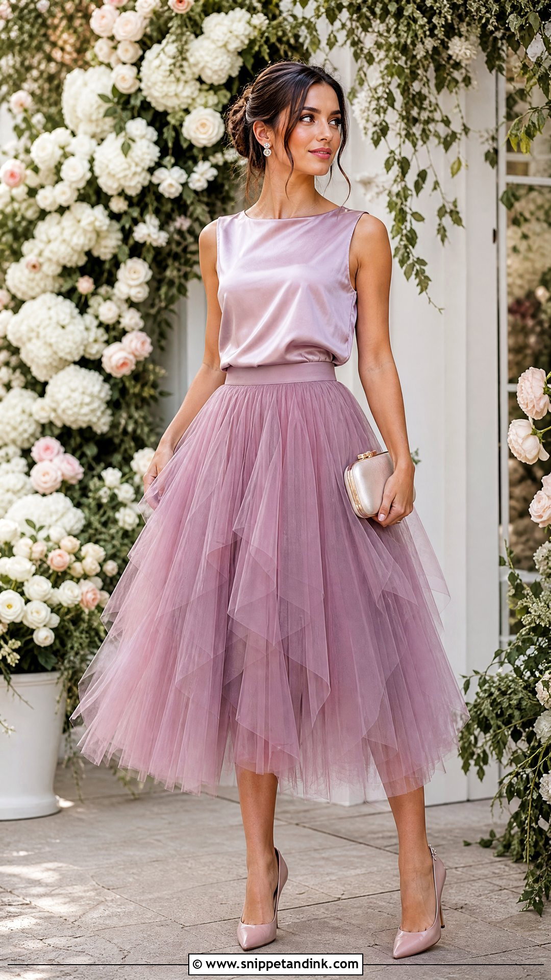 Tulle Midi Skirt and Satin Top Wedding Outfit - Snippet and Ink - 20 Skirt and Top Outfits for Wedding