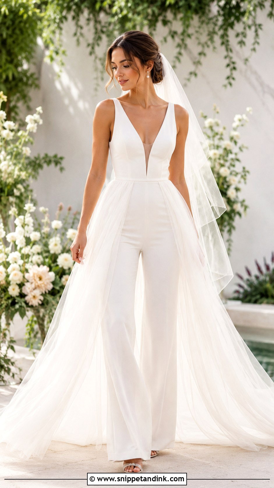 Tulle Overskirt Bridal Jumpsuit With Train - Snippet and Ink - 25 Bridal Jumpsuit with Train Ideas