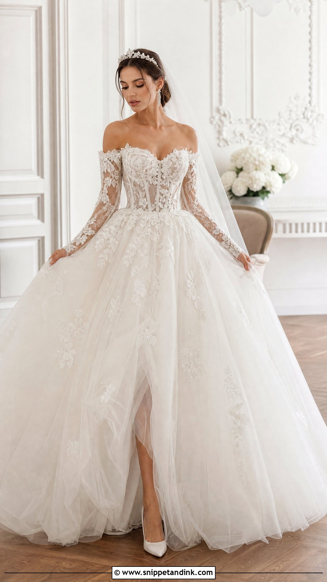 Tulle Princess Off the Shoulder Long Sleeve Wedding Dress - Snippet and Ink - 20 Off the Shoulder Long Sleeve Wedding Ideas