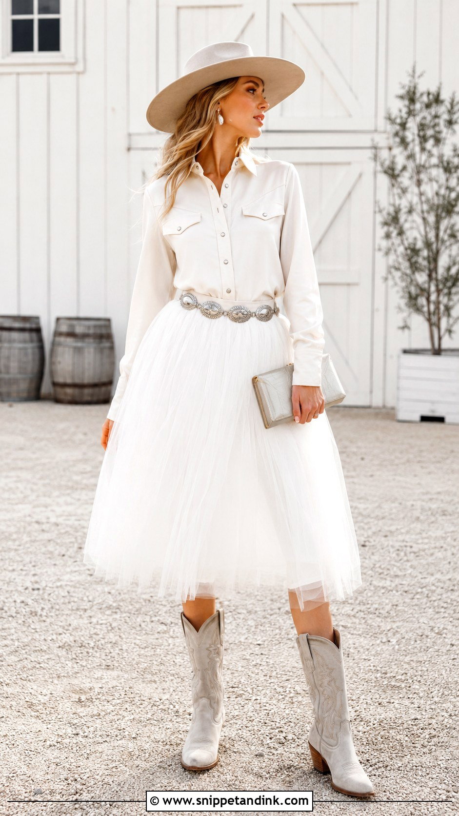 Tulle Skirt And Western Shirt Bridal Cowgirl Outfit - Snippet and Ink - 20 Bridal Cowgirl Outfit Ideas
