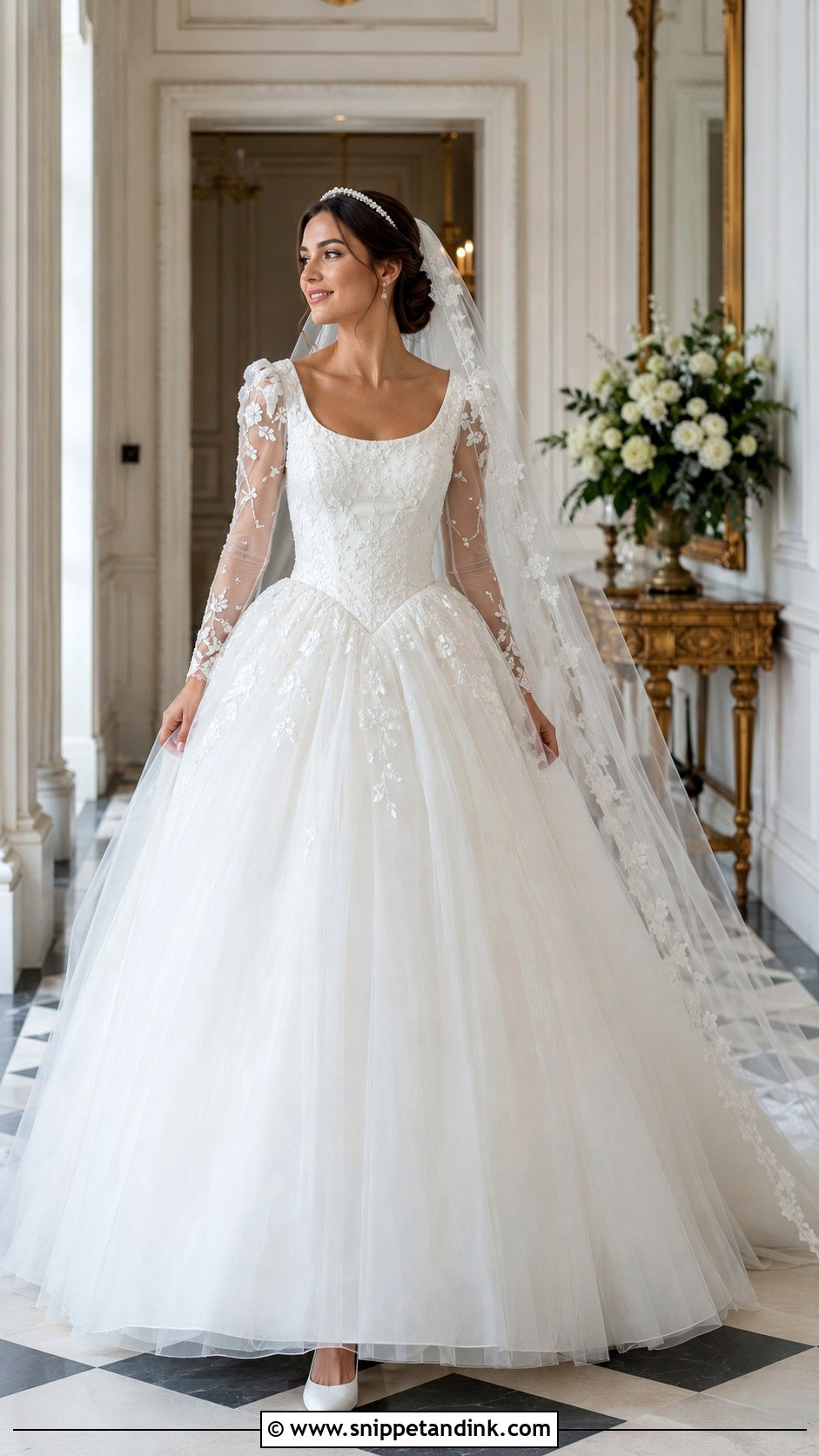 Tulle Sleeve Basque Waist Ball Gown - Snippet and Ink - 20 Modest White Wedding Dress Ideas