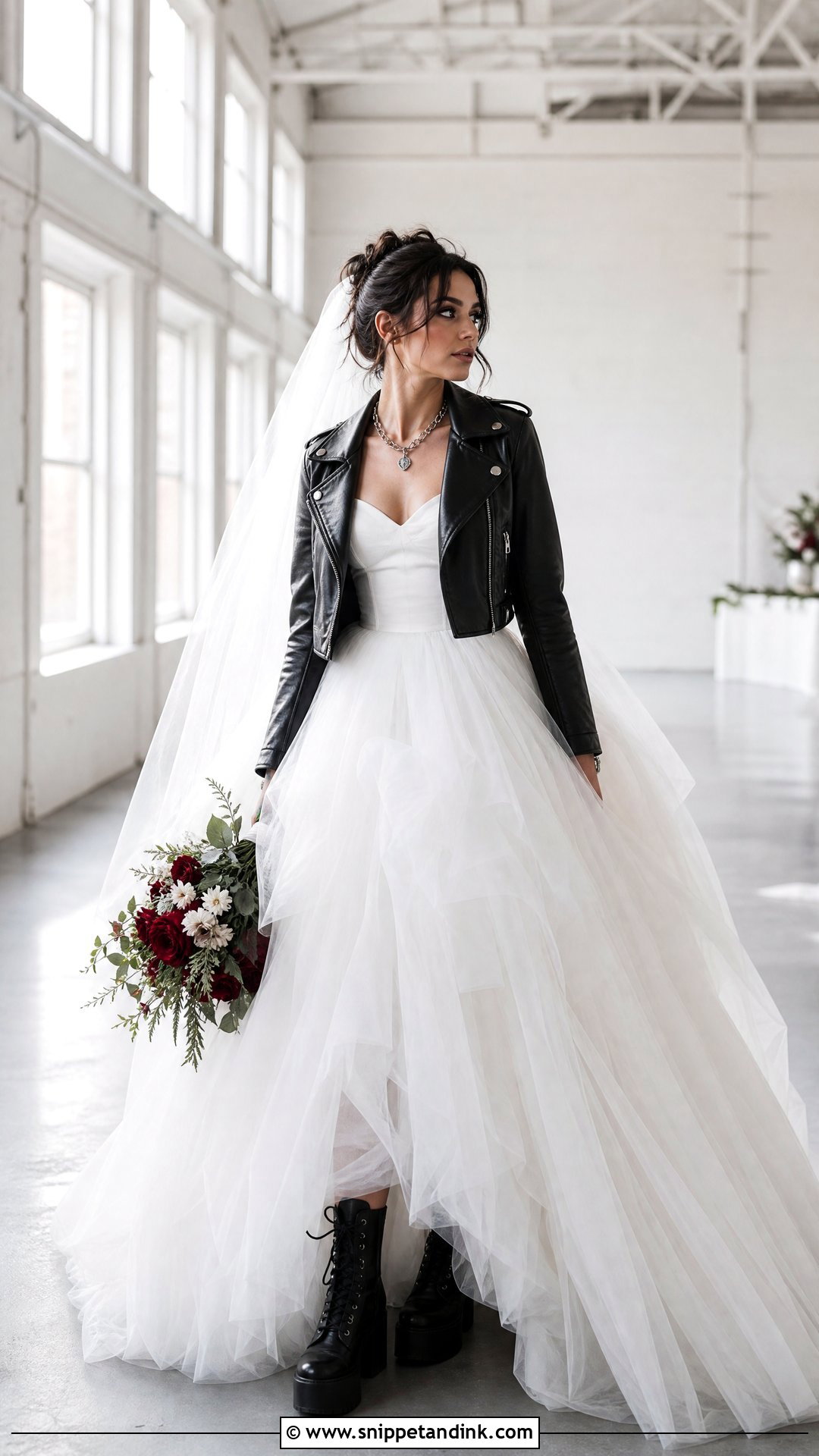 Tulle Wedding Dress With Black Moto Jacket - Snippet and Ink - 20 Rock and Roll Wedding Dress Ideas