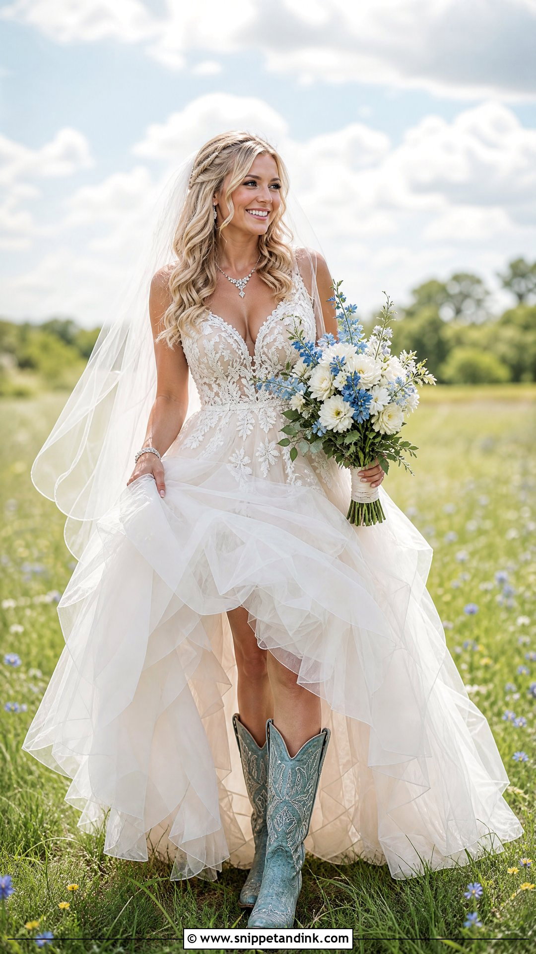 Tulle Wedding Dress With Pale Blue Cowboy Boots - Snippet and Ink - 20 Wedding Dress and Cowboy Boots Ideas
