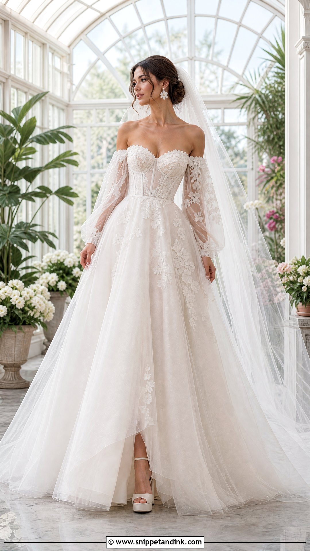 Tulle Wedding Dress With Sheer Floral Sleeves - Snippet and Ink - 20 Wedding Dresses Off the Shoulder Sleeves
