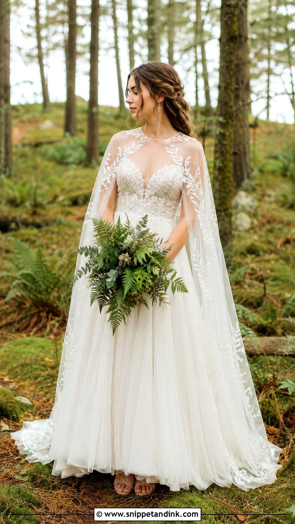 Tulle Wedding Dress With Woodland Cape - Snippet and Ink - 25 Woodsy Wedding Dress Ideas