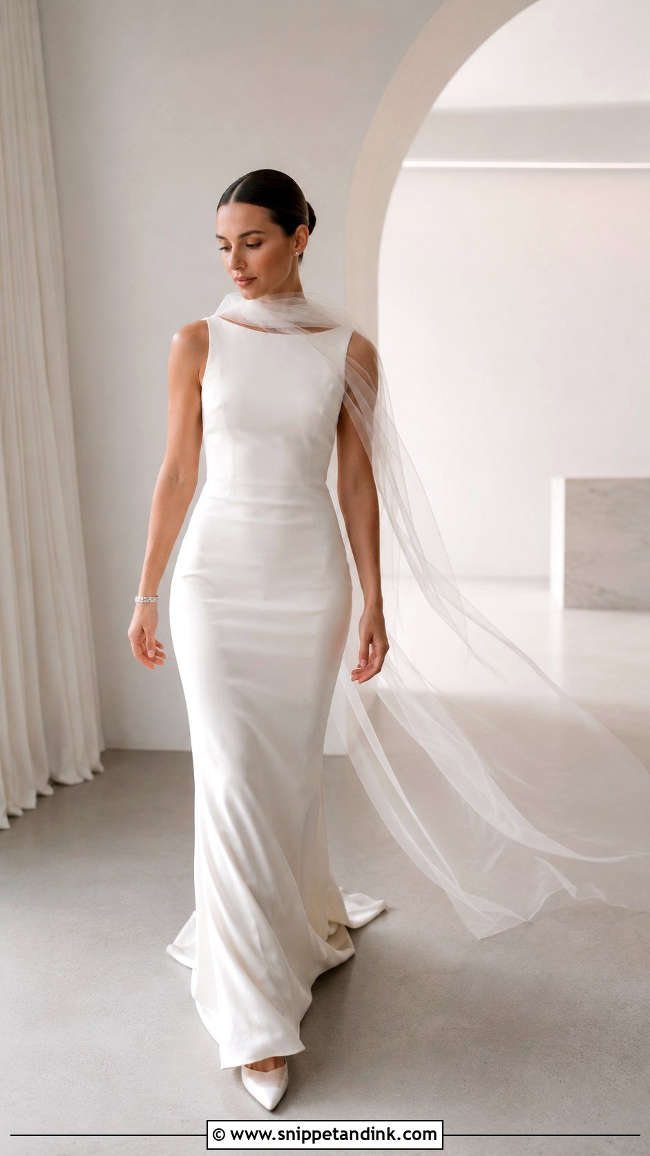 Tulle Wedding Scarf With Column Dress - Snippet and Ink - 20 Wedding Scarf Styles