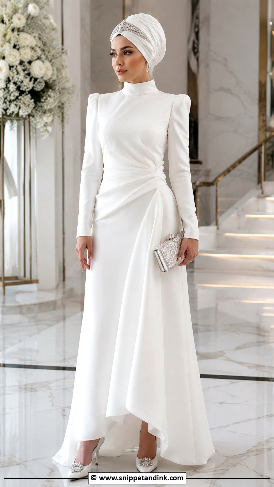 Turban Bridal Hijab With High Neck Gown - Snippet and Ink - 30 Bridal Hijab Styles