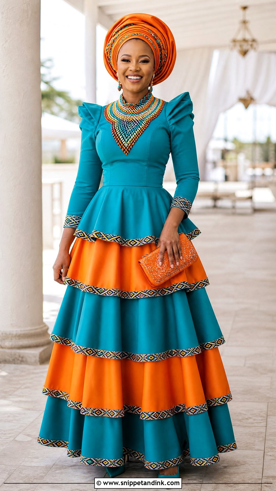 Turquoise And Orange Tiered Sepedi Dress - Snippet and Ink - 25 Sepedi Traditional Wedding Dresses