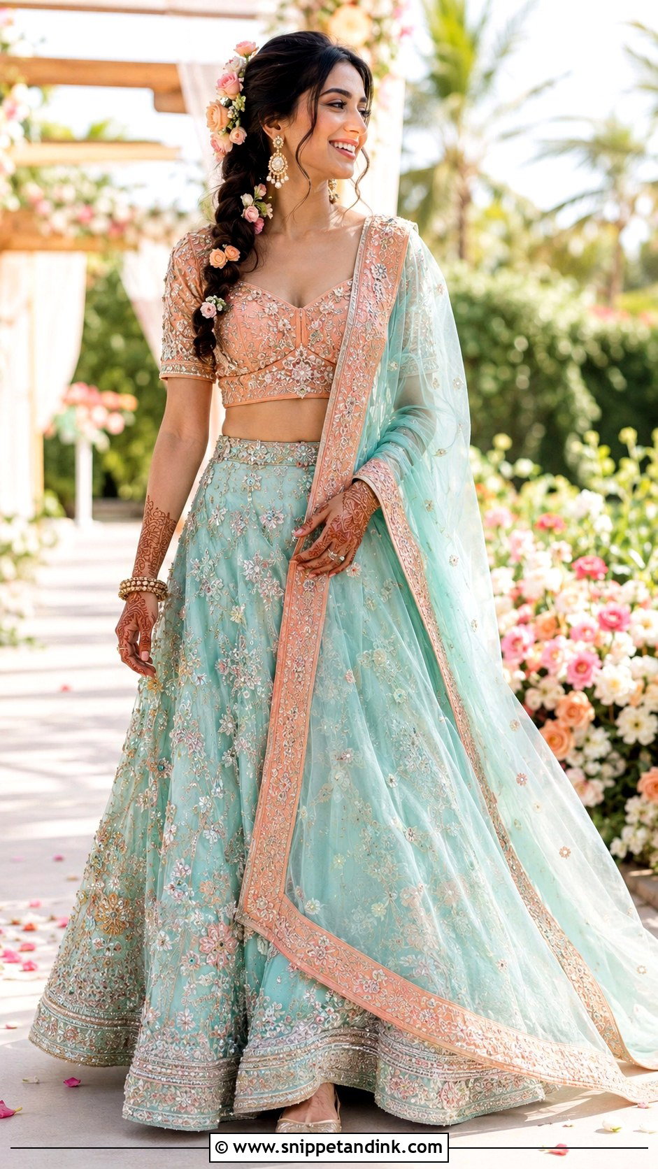 Turquoise And Peach Bride Mehandi Outfit - Snippet and Ink - 20 Bride Mehandi Outfit Ideas