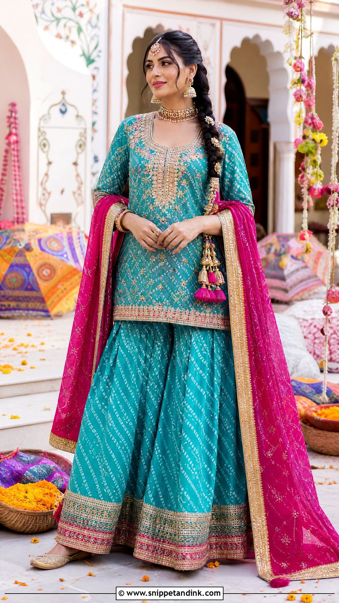 Turquoise Bandhani Mehndi Bridal Sharara - Snippet and Ink - 25 Mehndi Bridal Dress Ideas