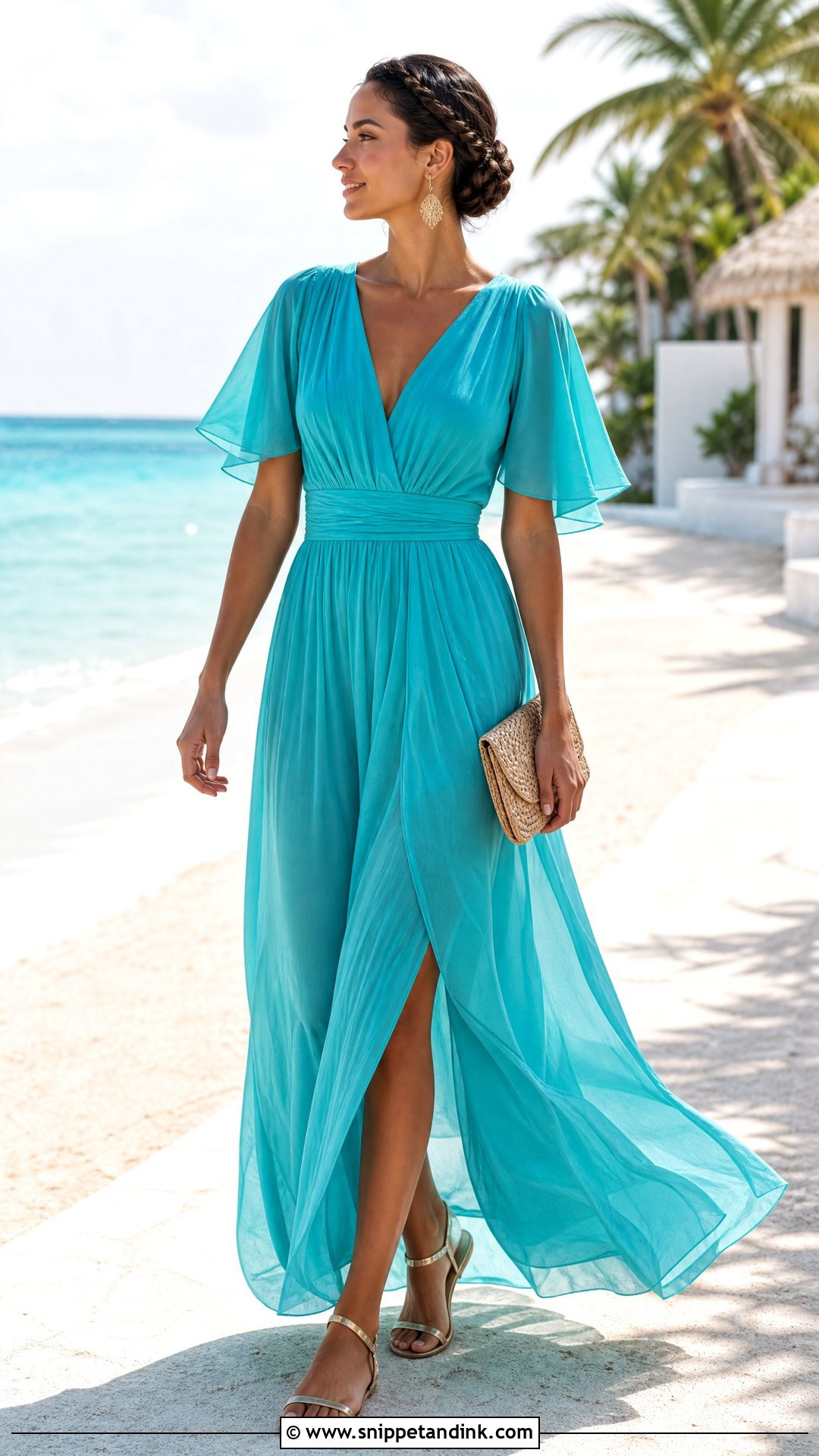 Turquoise Beach Maxi Dress With Flat Sandals - Snippet and Ink - 25 Turquoise Dress Outfit Wedding Ideas