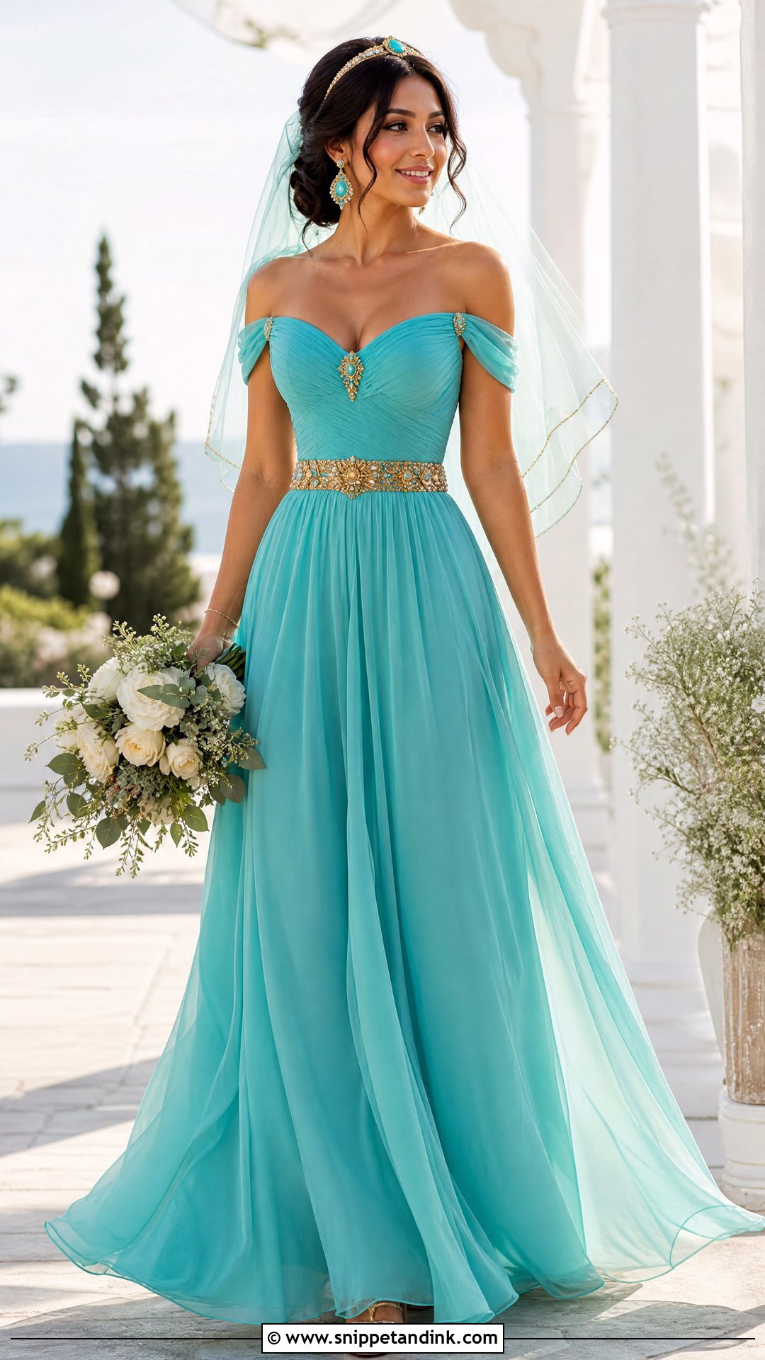 Turquoise Chiffon Princess Jasmine Wedding Dress - Snippet and Ink - 20 Princess Jasmine Wedding Dress Ideas
