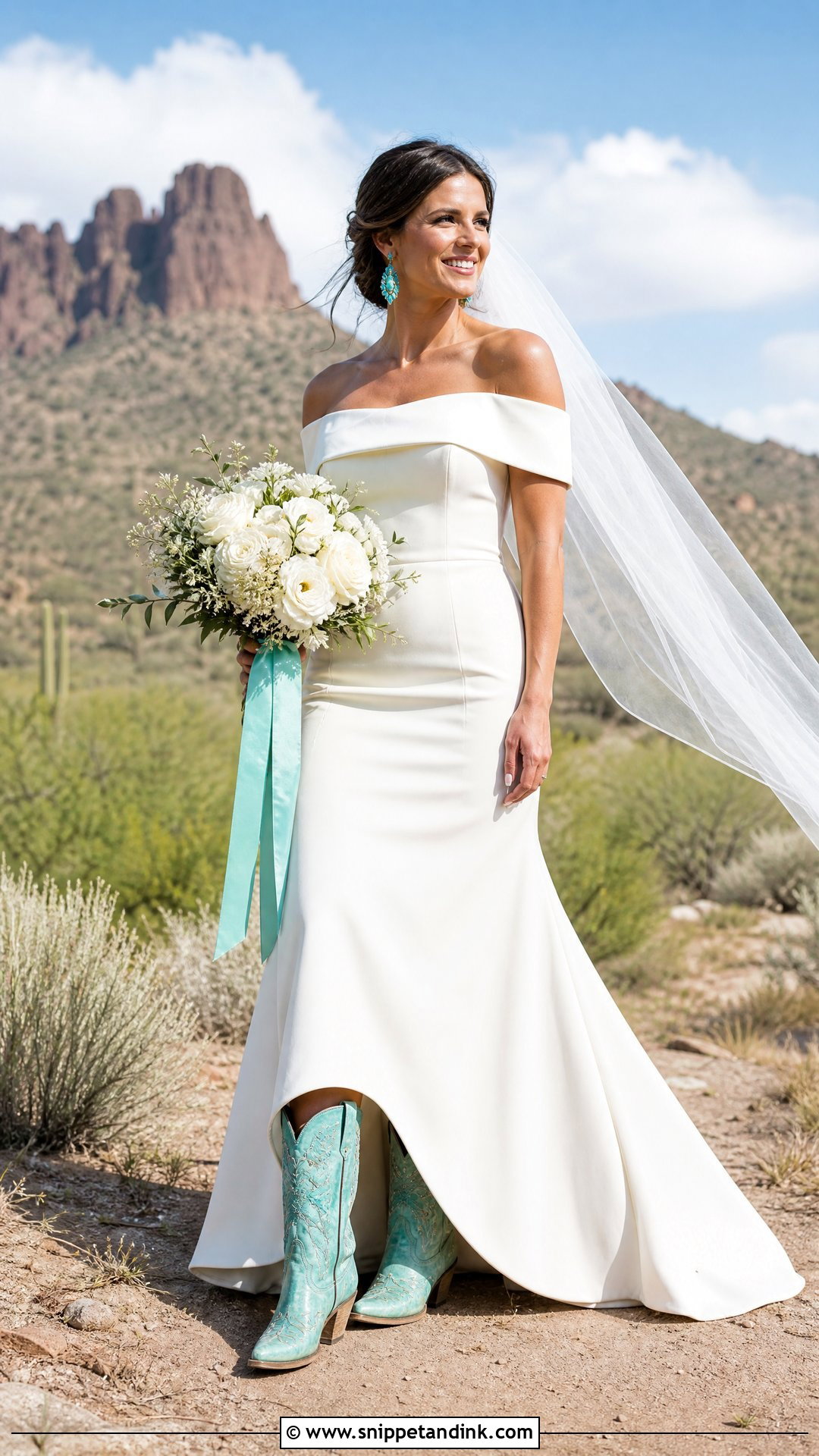 Turquoise Cowgirl Boots With Off Shoulder Wedding Dress - Snippet and Ink - 20 Wedding Cowgirl Boots for Bride Ideas