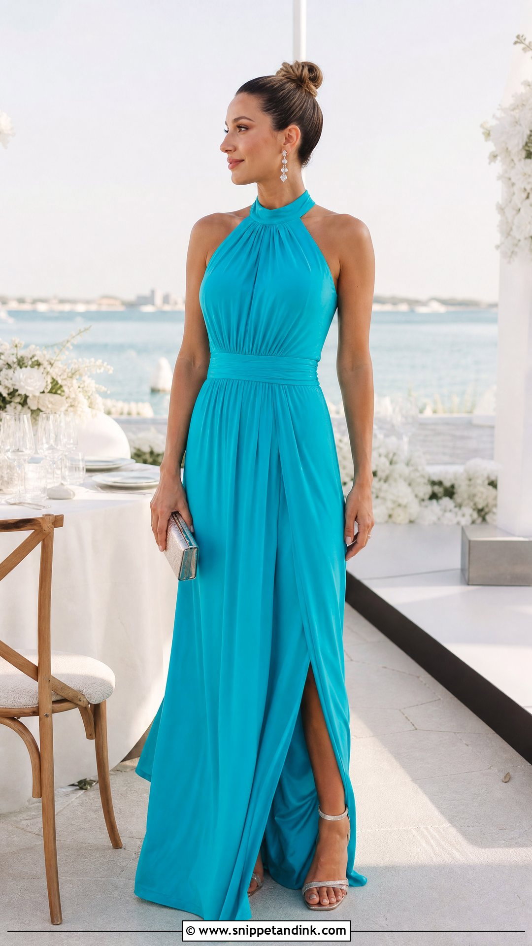 Turquoise Halter Maxi Dress With Metallic Accessories - Snippet and Ink - 25 Turquoise Dress Outfit Wedding Ideas