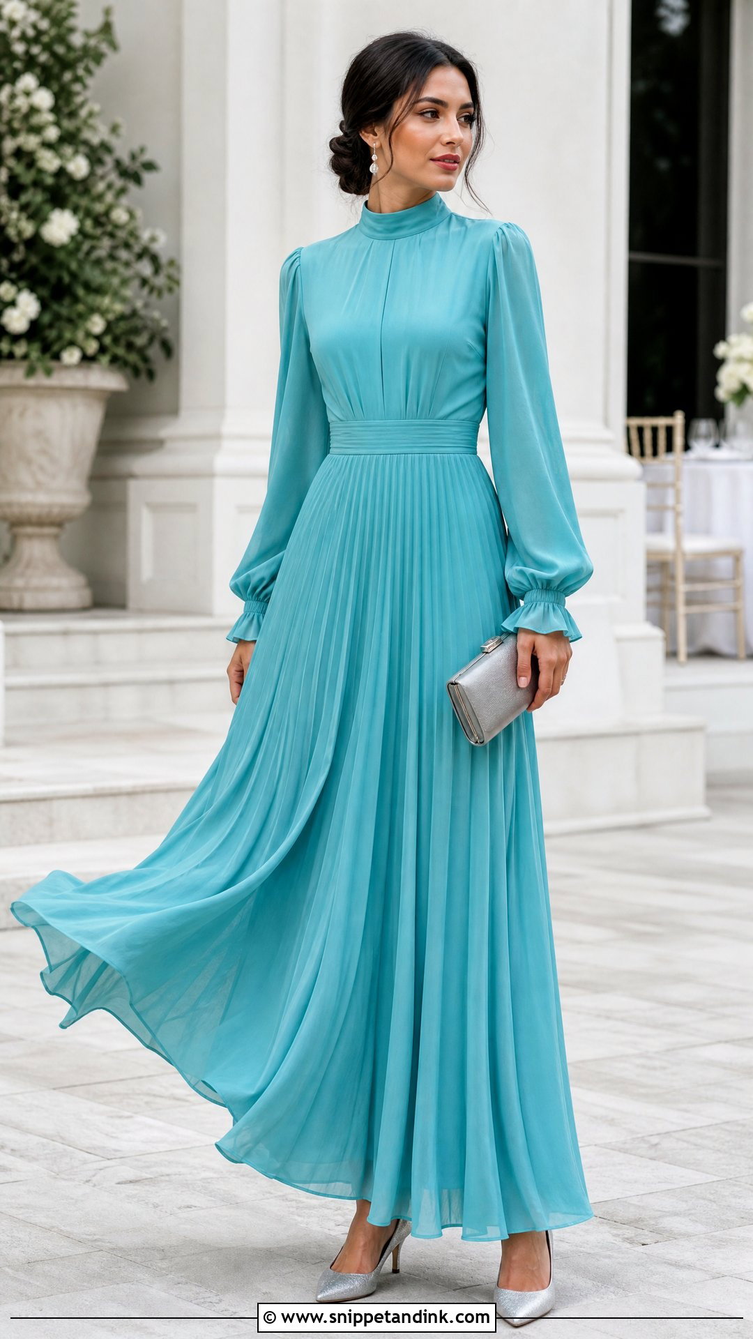 Turquoise High Neck Maxi Dress With Closed Toe Heels - Snippet and Ink - 25 Turquoise Dress Outfit Wedding Ideas