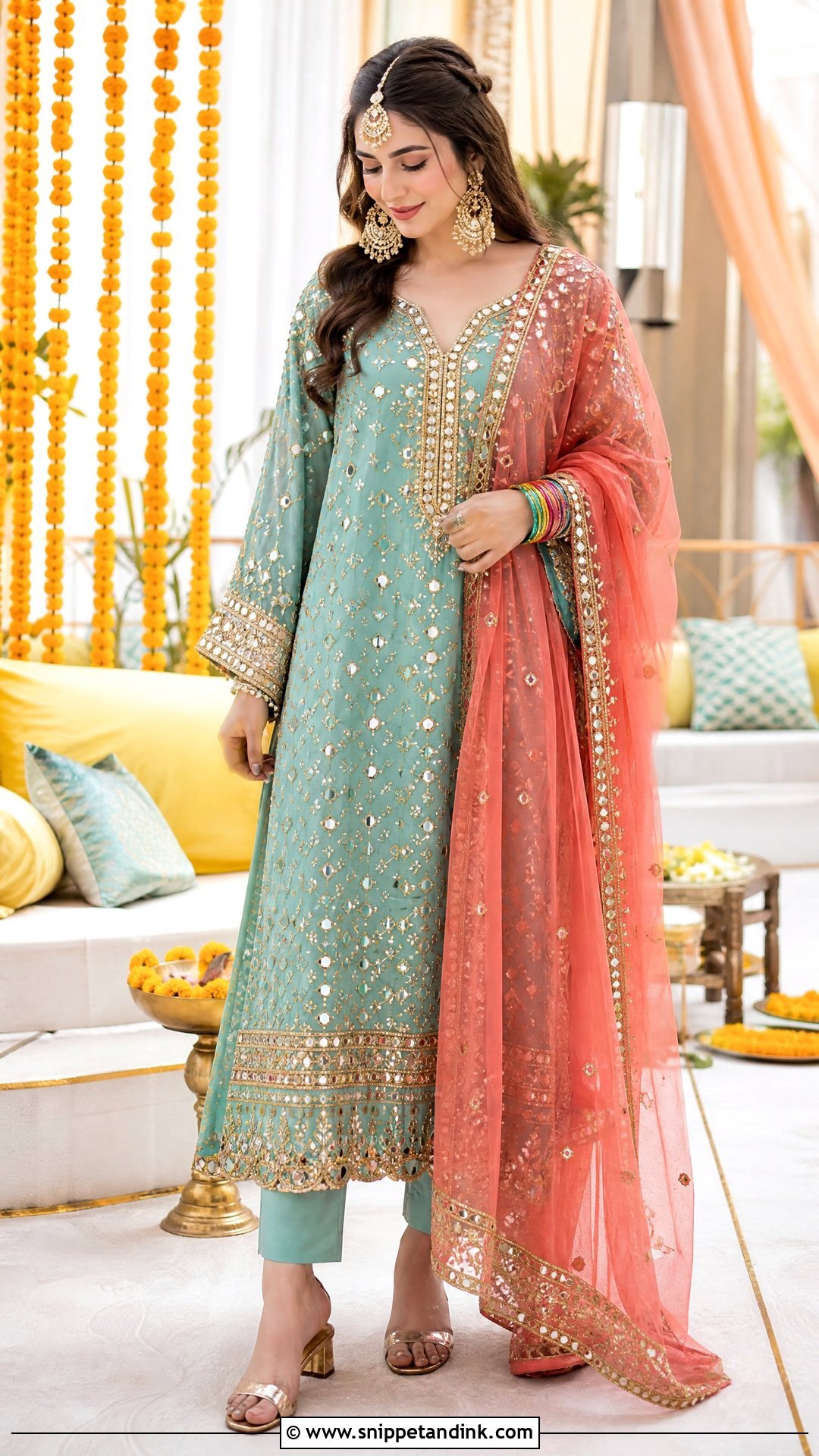 Turquoise Kaftan Mehndi Dress - Snippet and Ink - 20 Pakistani Bridal Mehndi Dress Ideas