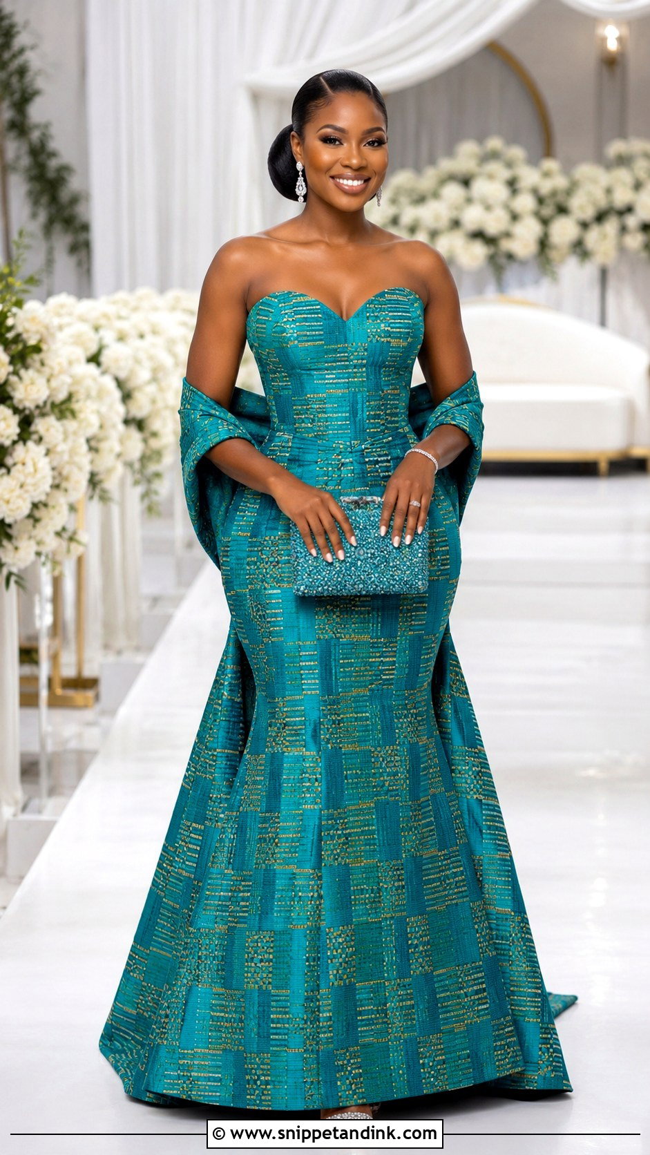 Turquoise Kente Strapless Wedding Dress - Snippet and Ink - 20 Ghana Traditional Wedding Dresses