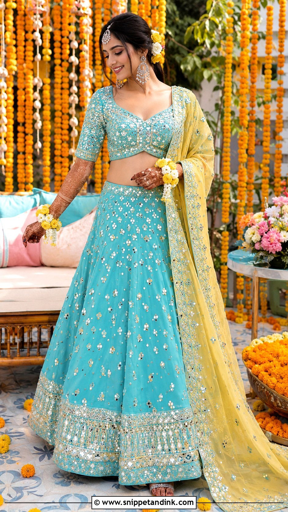 Turquoise Lehenga Mehandi Outfit - Snippet and Ink - 25 Indian Bridal Mehandi Outfits Brides