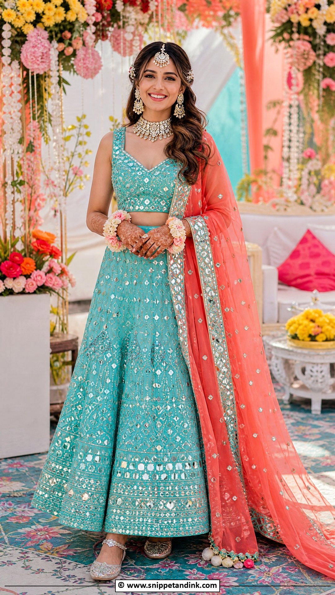 Turquoise Lehenga Mehendi Outfit - Snippet and Ink - 35 Mehendi Outfits for Bride
