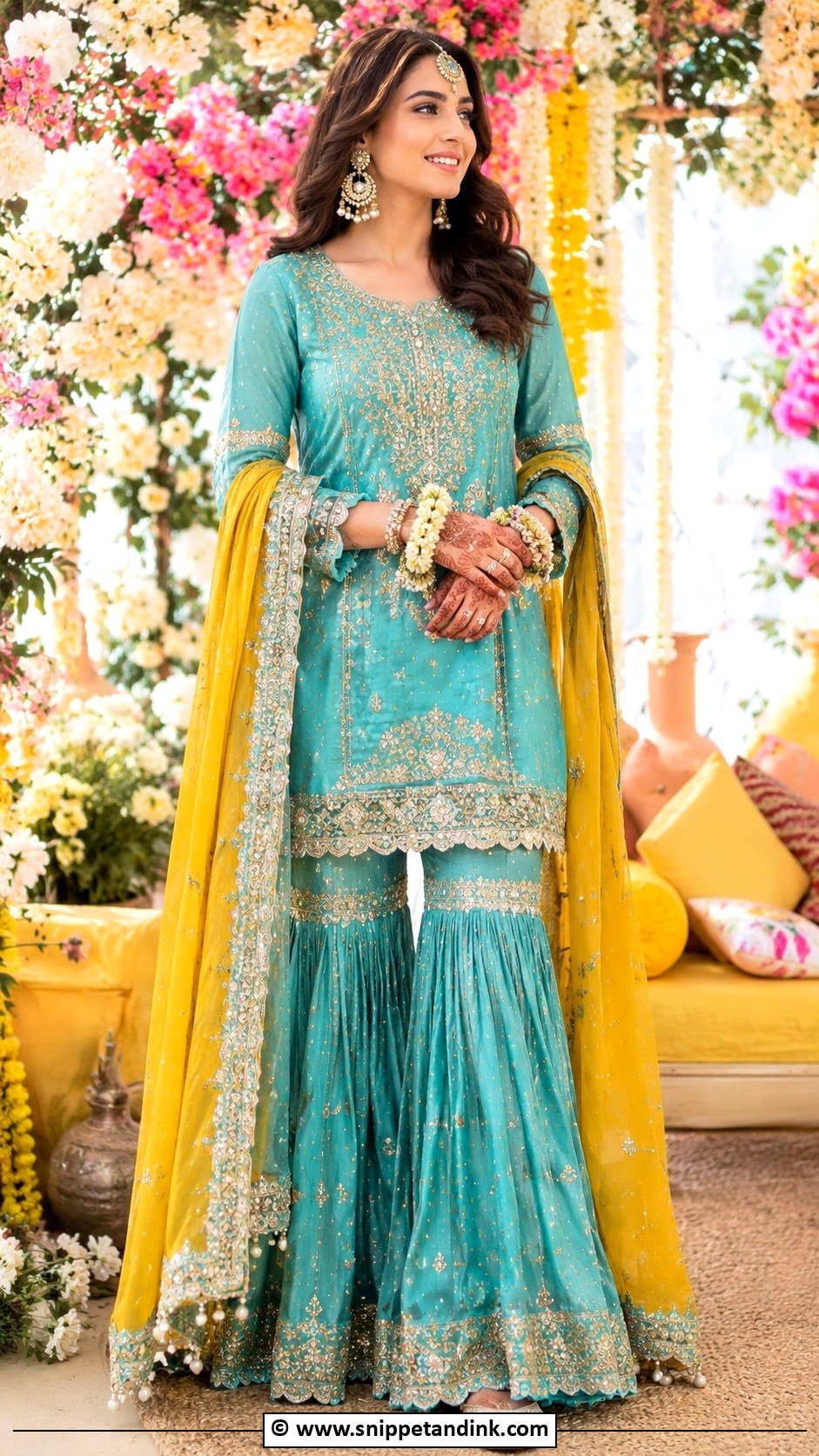 Turquoise Mehendi Bridal Sharara - Snippet and Ink - 30 Mehendi Bridal Outfit Ideas